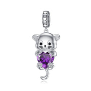 Cat Charm with Birthstone Silver Cat Birthstone Bead Charm Gift for Women
