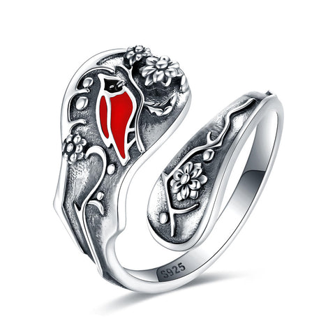 Sterling Silver Red Bird Spoon Ring