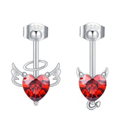 Sterling Silver CZ Heart Demon Angel Stud Earrings