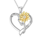 Sterling Silver Heart Natural Diamond Sunflower Pendant Necklace