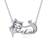 Cat Necklace with Birthstone 925 Sterling Silver Cat Pendant Necklace Gift for Women