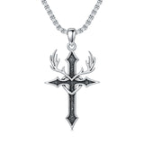 Sterling Silver  Deer_Antler Cross Pendant Necklace