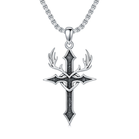 Sterling Silver  Deer_Antler Cross Pendant Necklace