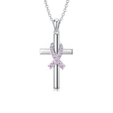 Sterling Silver Breast Cancer Awareness Cross Butterfly Dragonfly Pendant Necklace