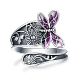 Sterling Silver Adjustable  Sunflower& Dragonfly  Spoon Ring