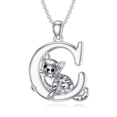 Sterling Silver Initial Cat Pendant Necklace