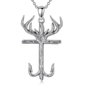 Sterling Silver Cross&Deer Antler Fish Hook Pendant Necklace for Men