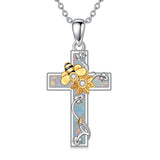 Sterling Silver Bee Cross & Sunflower Pendant Necklace  with Opal