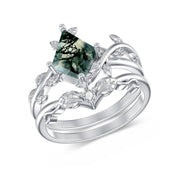 Sterling Silver Kite Cut Natural Moss Agate  Ring Set Promise Ring