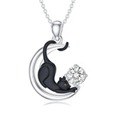 Sterling Silver Birthstone Moon Black Cat Pendant Necklace