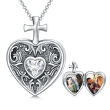 925 Sterling Silver Birthstone Vintage Cross Heart Shaped Photo Pendant  Necklace