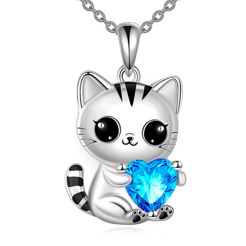 Silver Cat 12 Month Birthstone Pendant Necklace