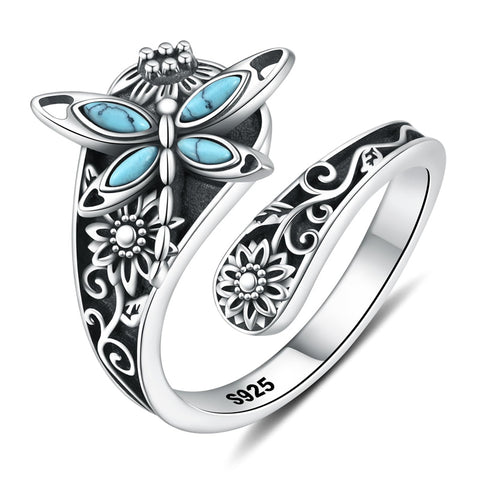 Sterling Silver Dragonfly Ring Butterfly Ring Hummingbird Spoon Ring Oxidized Animal Adjustable Ring for Women