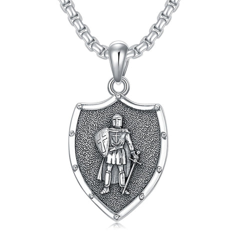 Sterling Silver Knights Templar & Cross Shield Pendant Necklace for Men