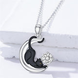 Sterling Silver Birthstone Moon Black Cat Pendant Necklace