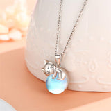 Sterling Silver Moonstone Pearl Rose Quartz Crystal Cat Pendant Necklace