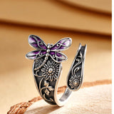 Sterling Silver Adjustable  Sunflower& Dragonfly  Spoon Ring