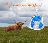 Sterling Silver White Shell Malachite Blue Opal  Abalone Shell Pink Opal Highland Cow Pendant Necklace