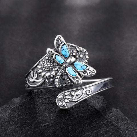 Sterling Silver Dragonfly Ring Butterfly Ring Hummingbird Spoon Ring Oxidized Animal Adjustable Ring for Women