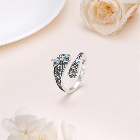 Sterling Silver Dragonfly Ring Butterfly Ring Hummingbird Spoon Ring Oxidized Animal Adjustable Ring for Women