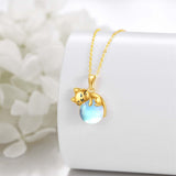 14K Yellow Gold Moonstone Rose Quartz  Cat Pendant Necklace