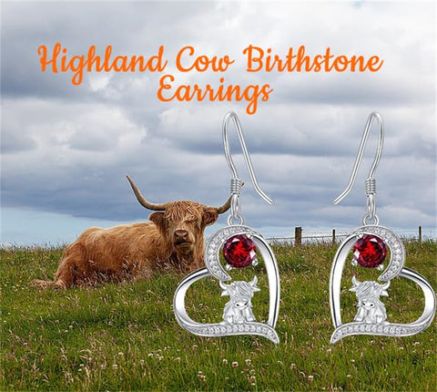 Sterling Silver Birthstone Highland Cow Dangle Earrings