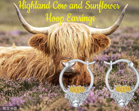 Sterling Silver Highland Cow  Hoop Earrings