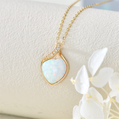 14k Gold White Opal Diamond Pendant Necklace