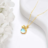 14K Yellow Gold Moonstone Rose Quartz  Cat Pendant Necklace