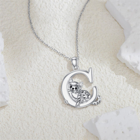 Sterling Silver Initial Cat Pendant Necklace