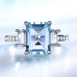 Sterling Silver Emerald Cut 7 * 9MM Sky Blue Aquamarine and White Moissanite  Engagement Ring