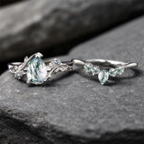 Sterling Silver Pear Natural Moss Agate Engagement Ring Set Wedding Ring