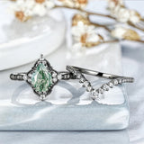 Sterling Silver Pear Natural Moss Agate Engagement Ring Set Wedding Ring