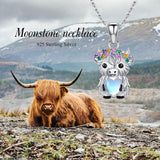 Highland Cow Necklace 925 Sterling Silver Cow Moonstone Pendant Colored Cubic Zirconia Cow Animal Jewelry for Women