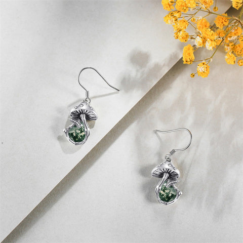 Sterling Silver Moss Agate  Mushroom Dangle Earrings