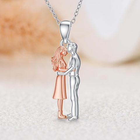 Sterling Silver Hug Couple Pendant Necklace Gift