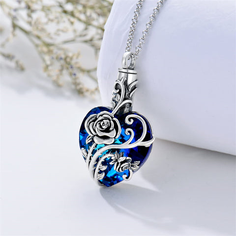 Sterling Silver Blue Crystal Rose Urn Necklace for Ashes