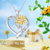 Sterling Silver Heart Natural Diamond Sunflower Pendant Necklace