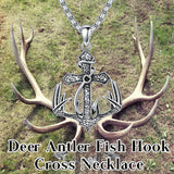 Sterling Silver Cross Deer Antler Fish Hook Pendant Necklace for Men