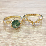 10K 14K 18K Gold Natural Moss Agate Ring Set Engagement Ring