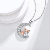 Sterling Silver  Birthstone Fox Moon Pendant Necklace