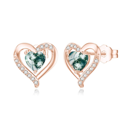 10K 14K 18K Gold Heart Moss Agate Heart Stud Earrings