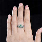 Sterling Silver Pear Natural Moss Agate Engagement Ring Set Wedding Ring