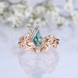 10K 14K 18K Gold Natural Moss Agate Ring Set Engagement Ring