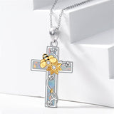 Sterling Silver Bee Cross & Sunflower Pendant Necklace  with Opal