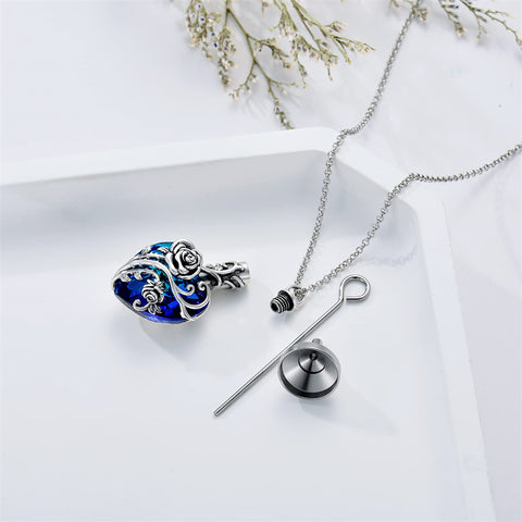 Sterling Silver Blue Crystal Rose Urn Necklace for Ashes