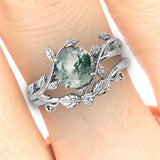 10K 14K 18K Gold Heart Shaped Natural Moss Agate Engagement Ring Set