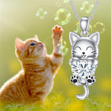 Sterling Silver Heart Birthstone Cat Pendant Necklace