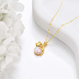 14K Yellow Gold Moonstone Rose Quartz  Cat Pendant Necklace