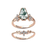 10K 14K 18K Gold Natural Moss Agate Ring Set Engagement Ring